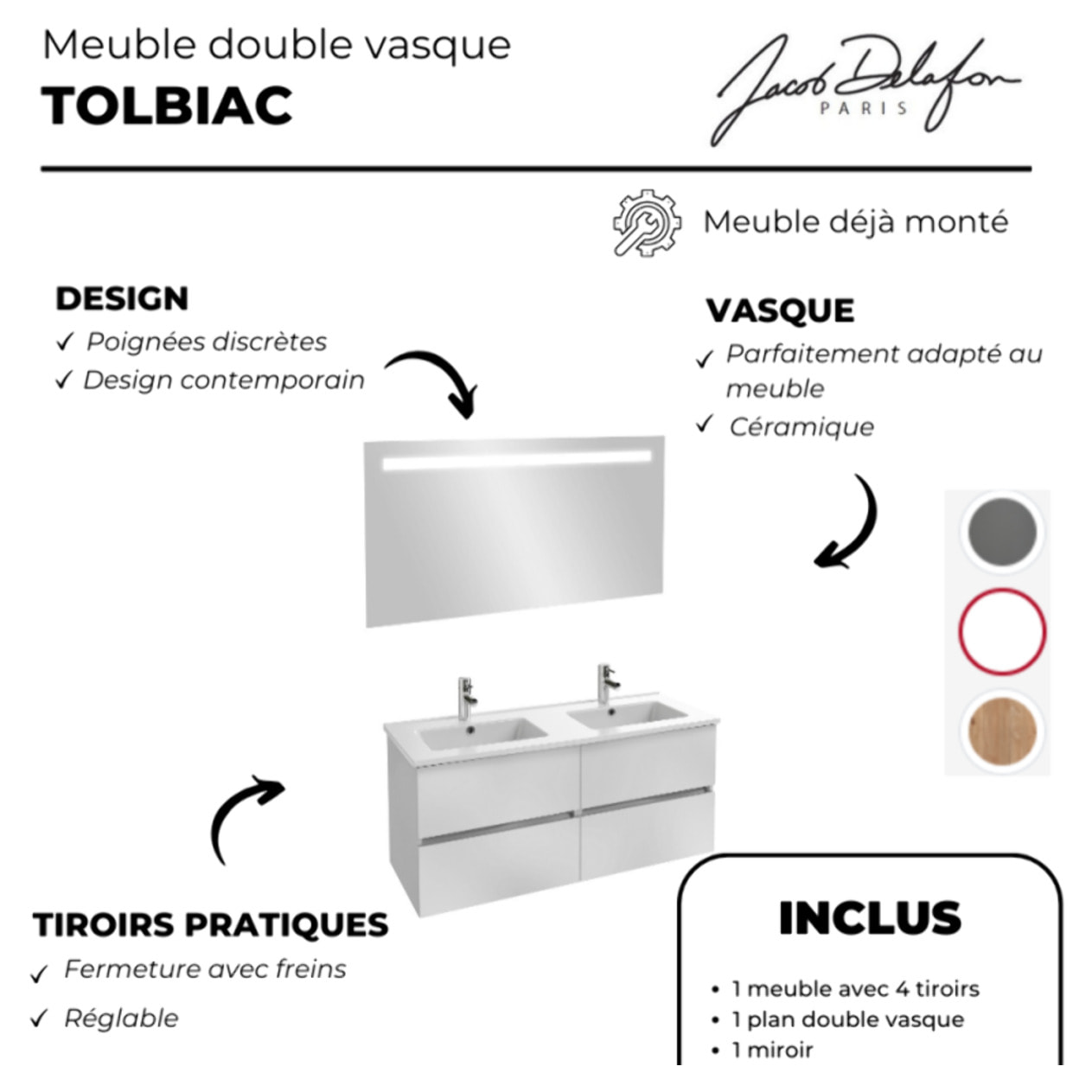 Meuble double vasque 120 cm Tolbiac blanc + miroir led
