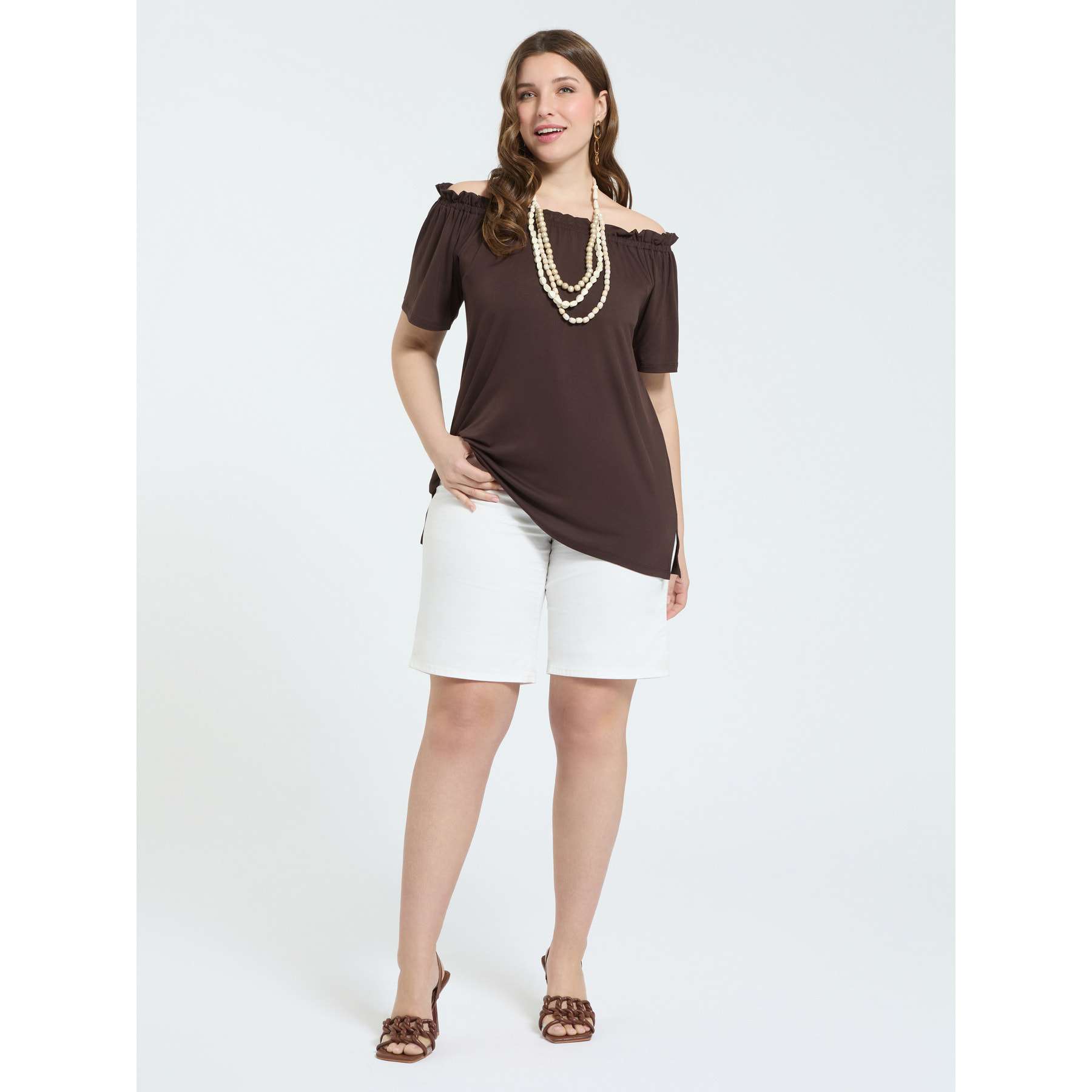 Fiorella Rubino - T-shirt off shoulders in jersey di viscosa - Marrone