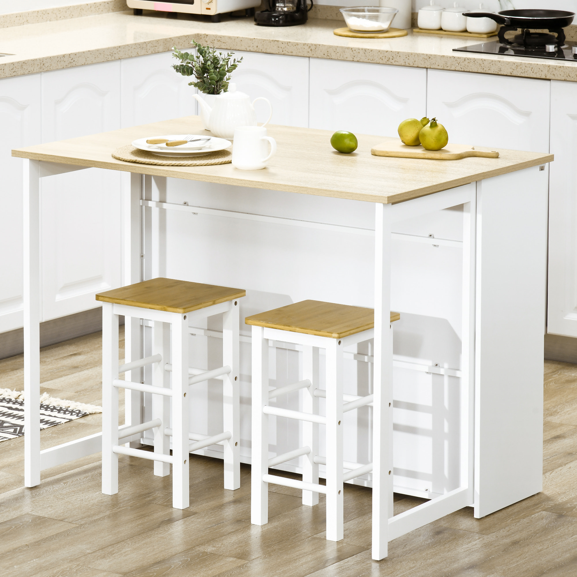 Mesa de Bar Extensible con Ala Plegable Mesa de Bistró con Compartimientos de Almacenamiento y 1 Puerta para Cocina Comedor 116x79,5x91 cm Blanco