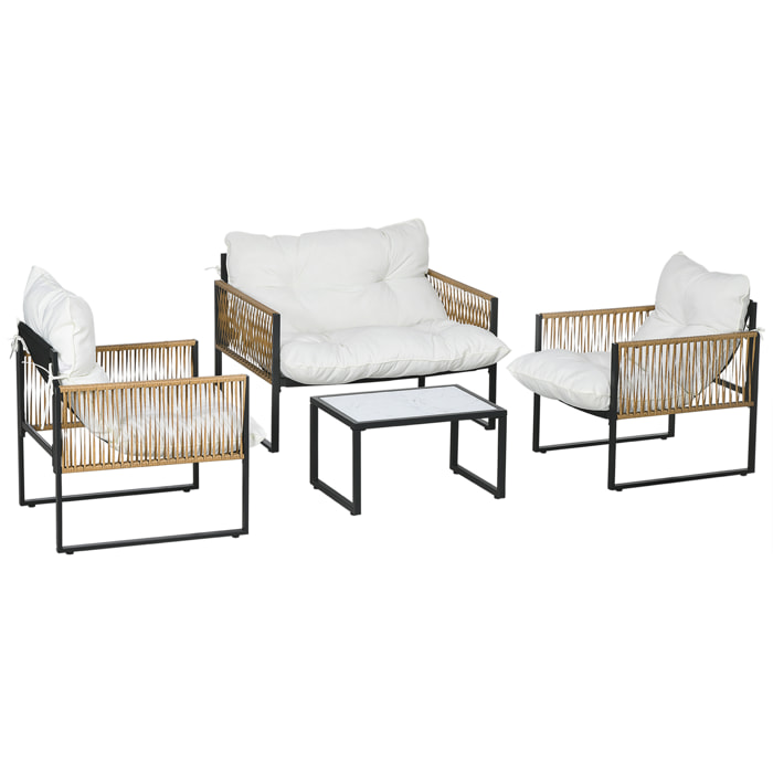 Ensemble salon de jardin  4 places 4 pièces 3 coussins acier résine crème