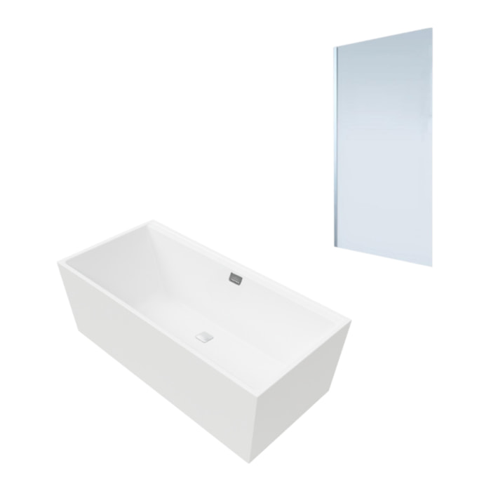 Baignoire droite Collaro 160 x 75cm Blanc mat  vidage et trop plein chrome + Pare bain gauche AURYS Mist 1