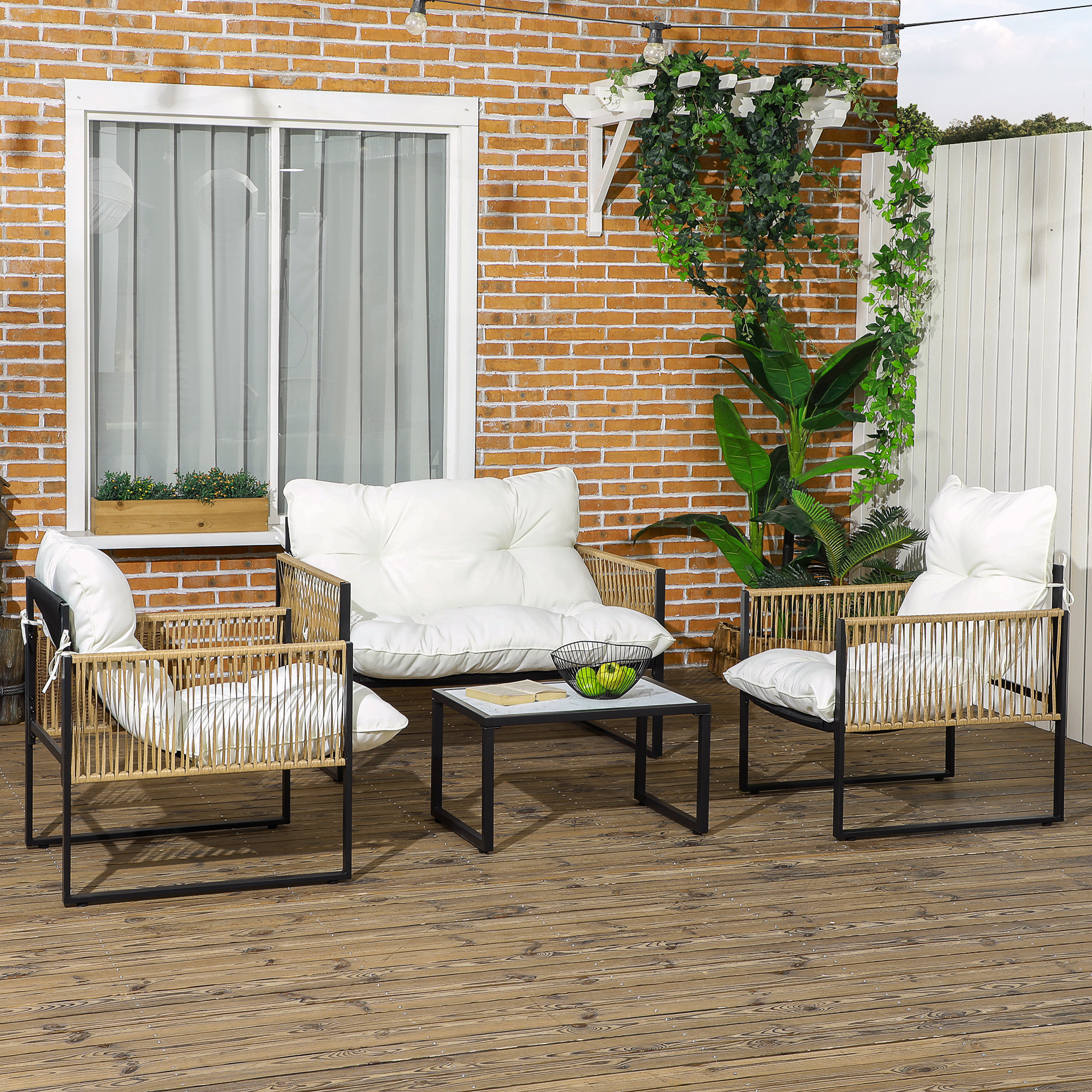 Ensemble salon de jardin  4 places 4 pièces 3 coussins acier résine crème