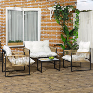 Ensemble salon de jardin  4 places 4 pièces 3 coussins acier résine crème