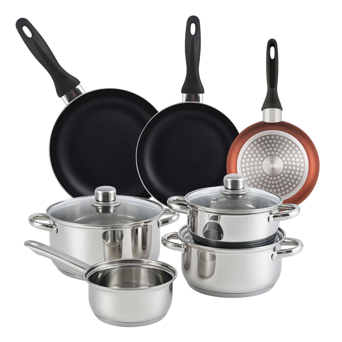 set de batería de cocina de 7pc en acero inoxidable + 3 sartenes ø16ø20ø24cm cobre metalizado en aluminio prensado