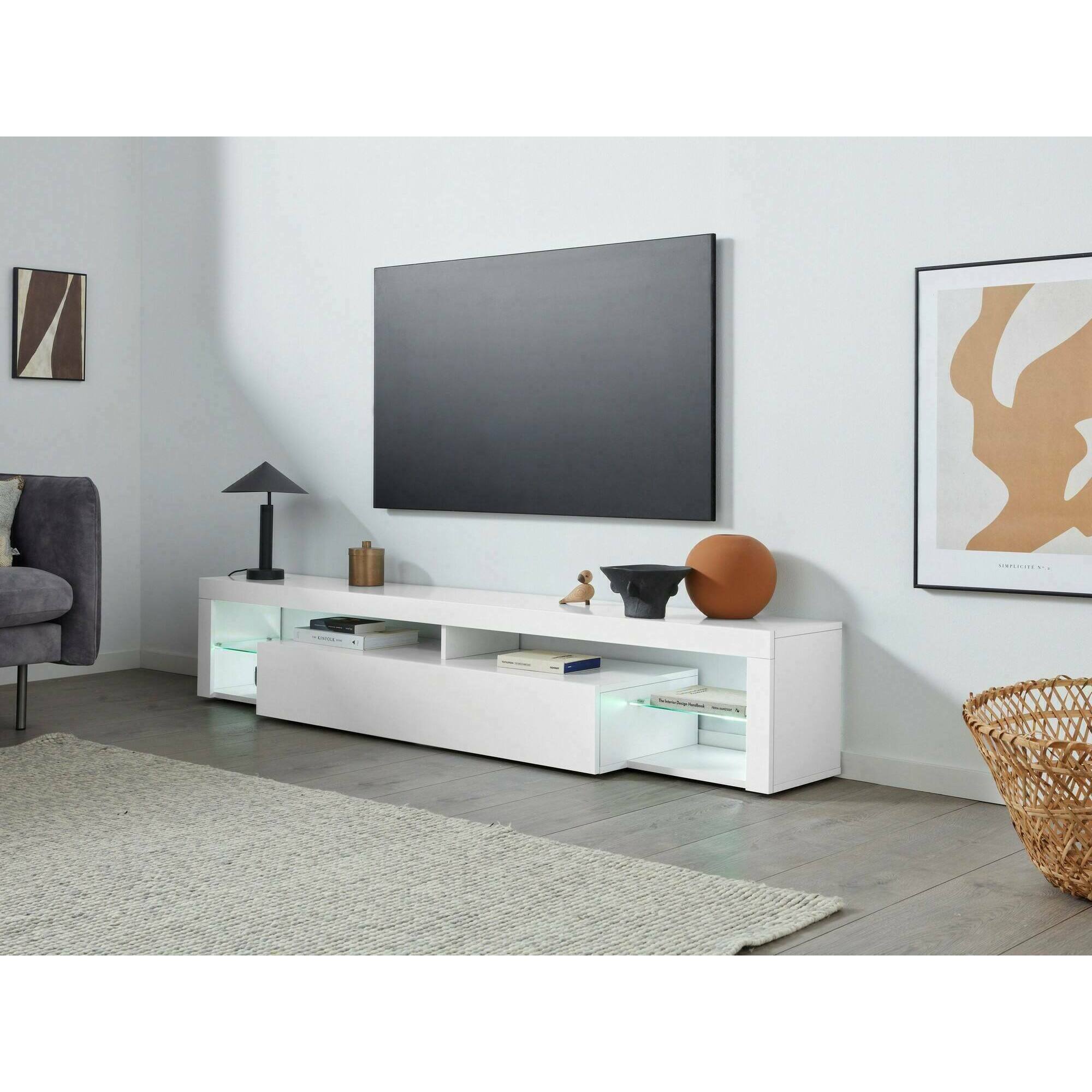 Mobile porta TV Dcolombin, Base porta TV, Credenza bassa da soggiorno a 1 anta, 100% Made in Italy, 200x40h35 cm, Bianco lucido