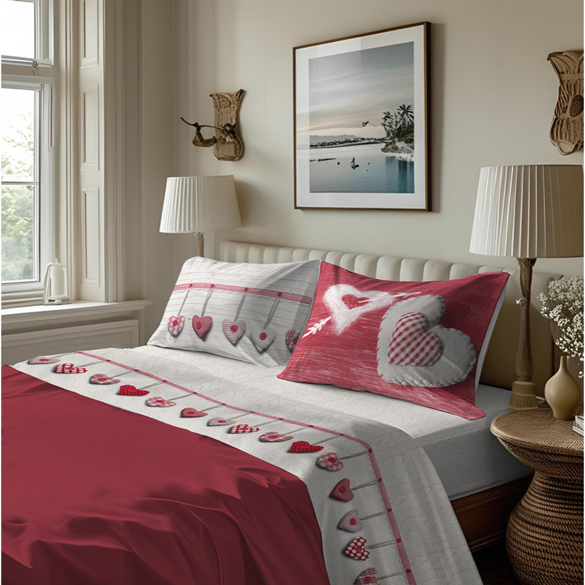 Completo letto in flanella cuore appeso rosso