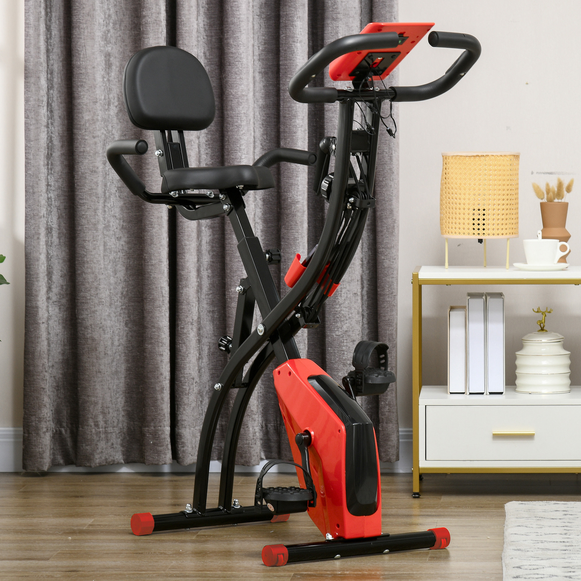 Bicicleta Estática Plegable 3 en 1 con Respaldo y 8 Niveles Resistencia Magnética, Bicicleta Estática para Casa Ajustable con Monitor LCD Volante Banda Sensor de Pulso Soporte de Teléfono Rojo