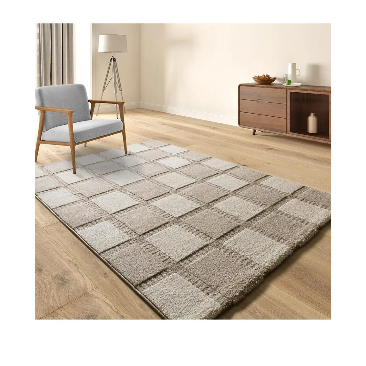 CANDELA Alfombra geométrica con relieve beige y blanco, varias medidas disponibles.