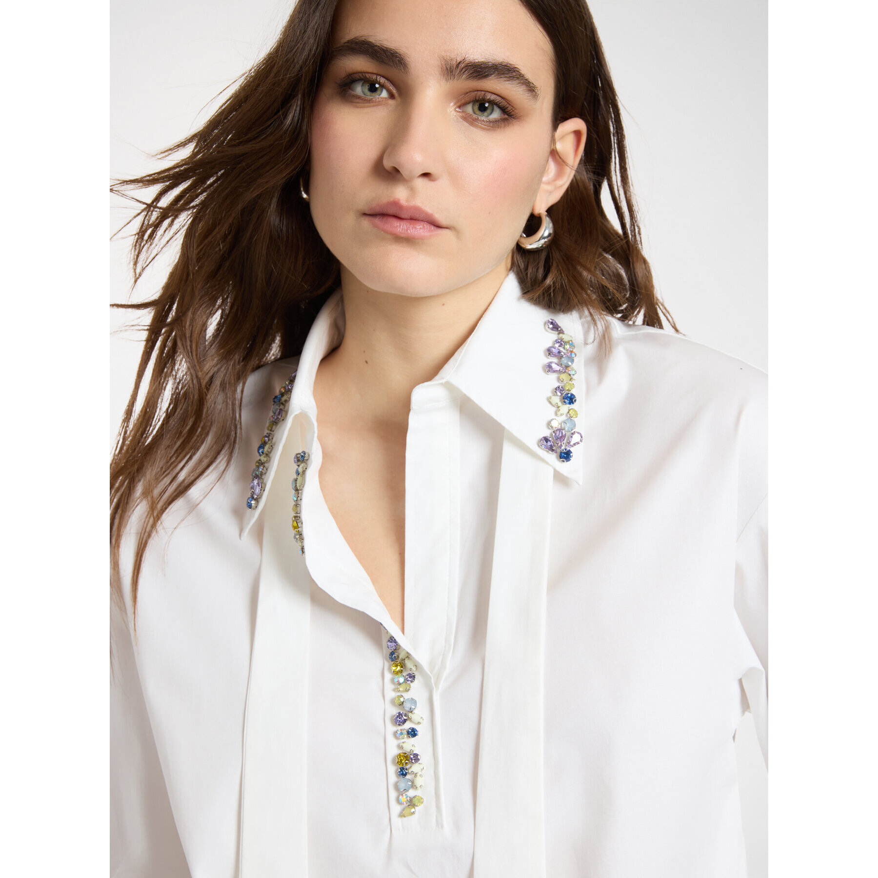 Elena Mirò - Camicia in popeline con cristalli - Bianco