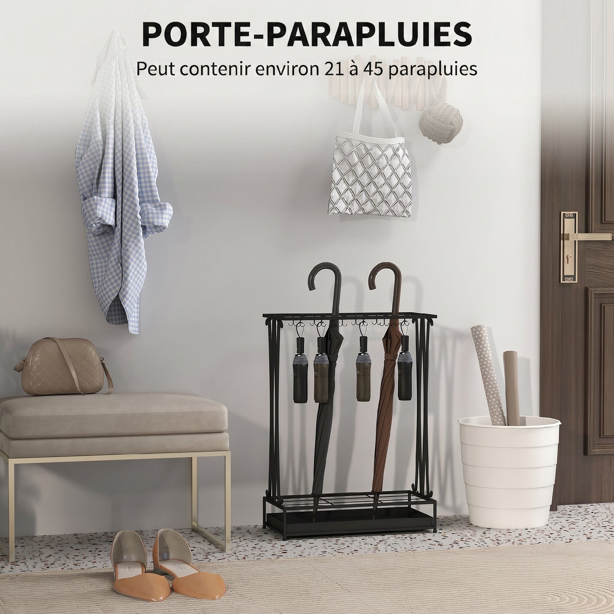 Porte-parapluie effet fer forgé - 21 compartiments, 24 crochets, bac à eau - acier noir
