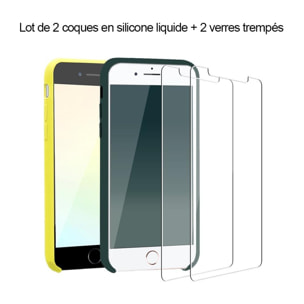 Lot 2 Coques iPhone 7/8 silicone liquide Vert Forêt et Jaune Fluo + 2 vitres en verre trempé de protection