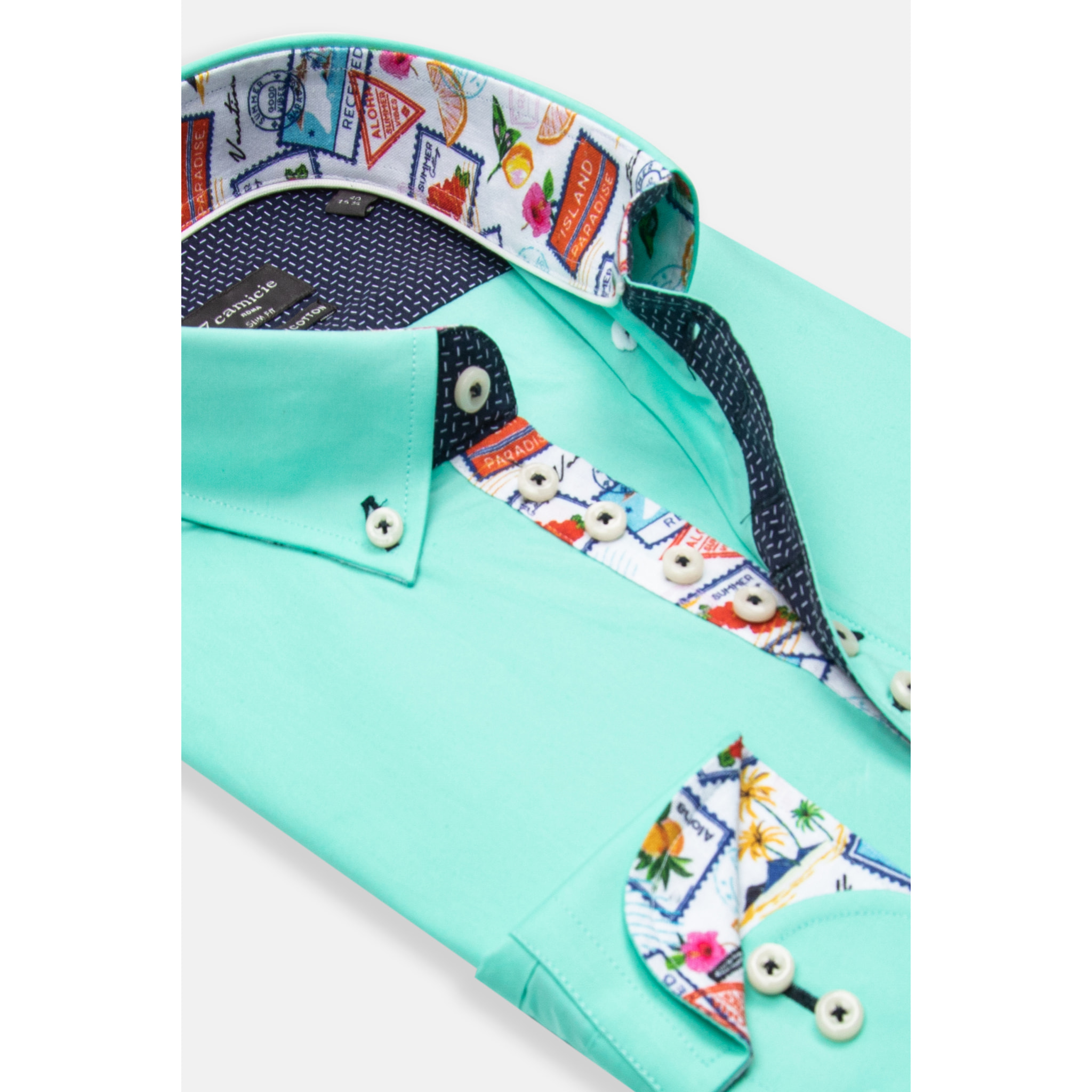 Camicia Uomo 1 Bottoni Button Down Slim Popeline Stretch Unito Verde Acqua