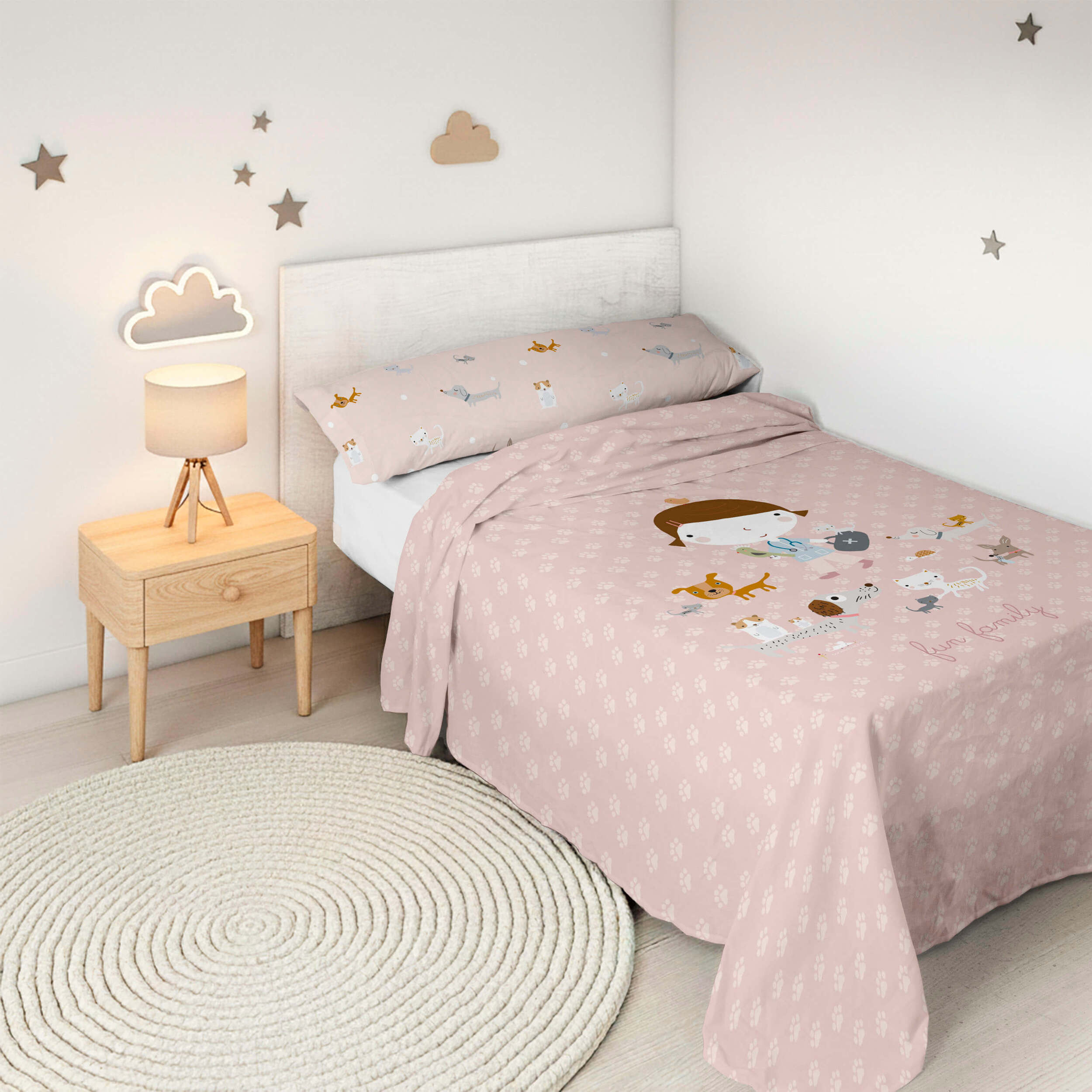 Juego de Sábanas Estampadas - Infantil - Incluye 1 Funda de Almohada - 100% Algodón - Amigos Peludos