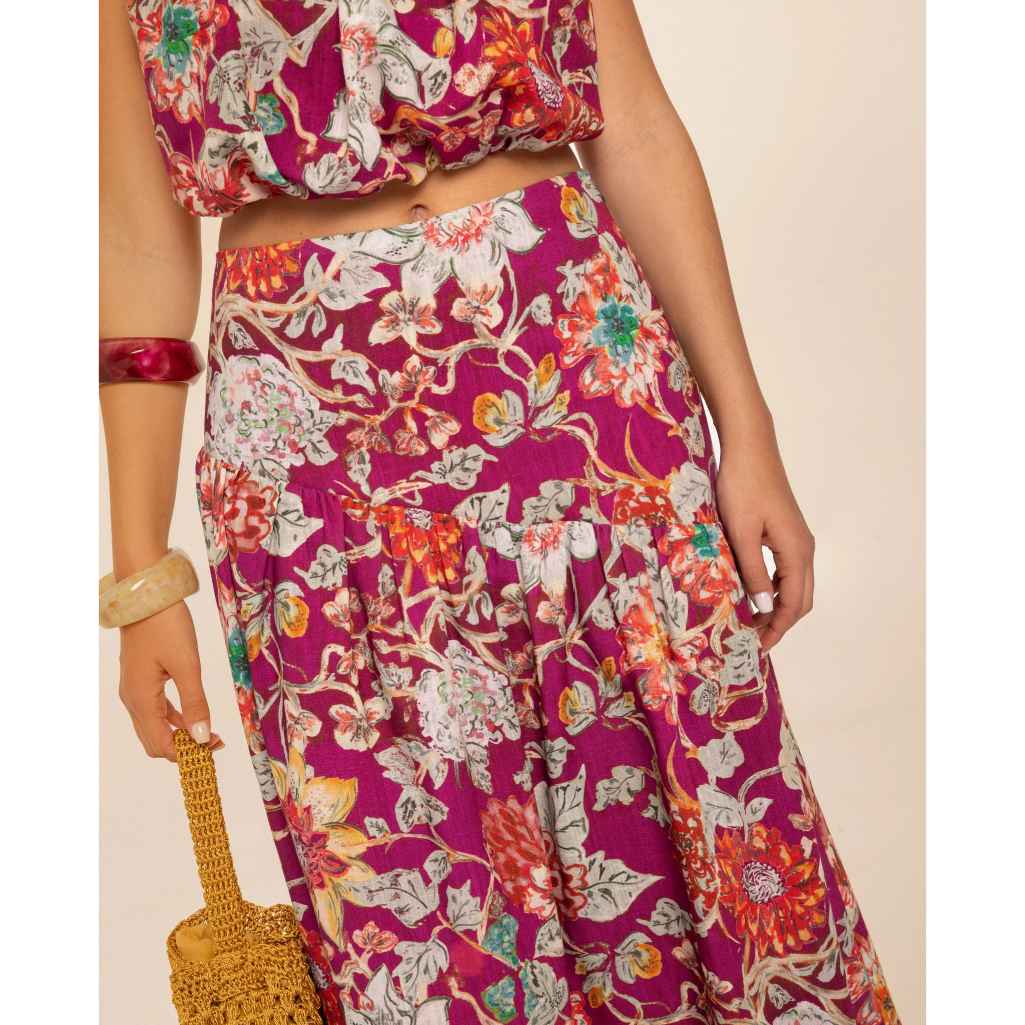 Falda midi con canesú y fruncidos