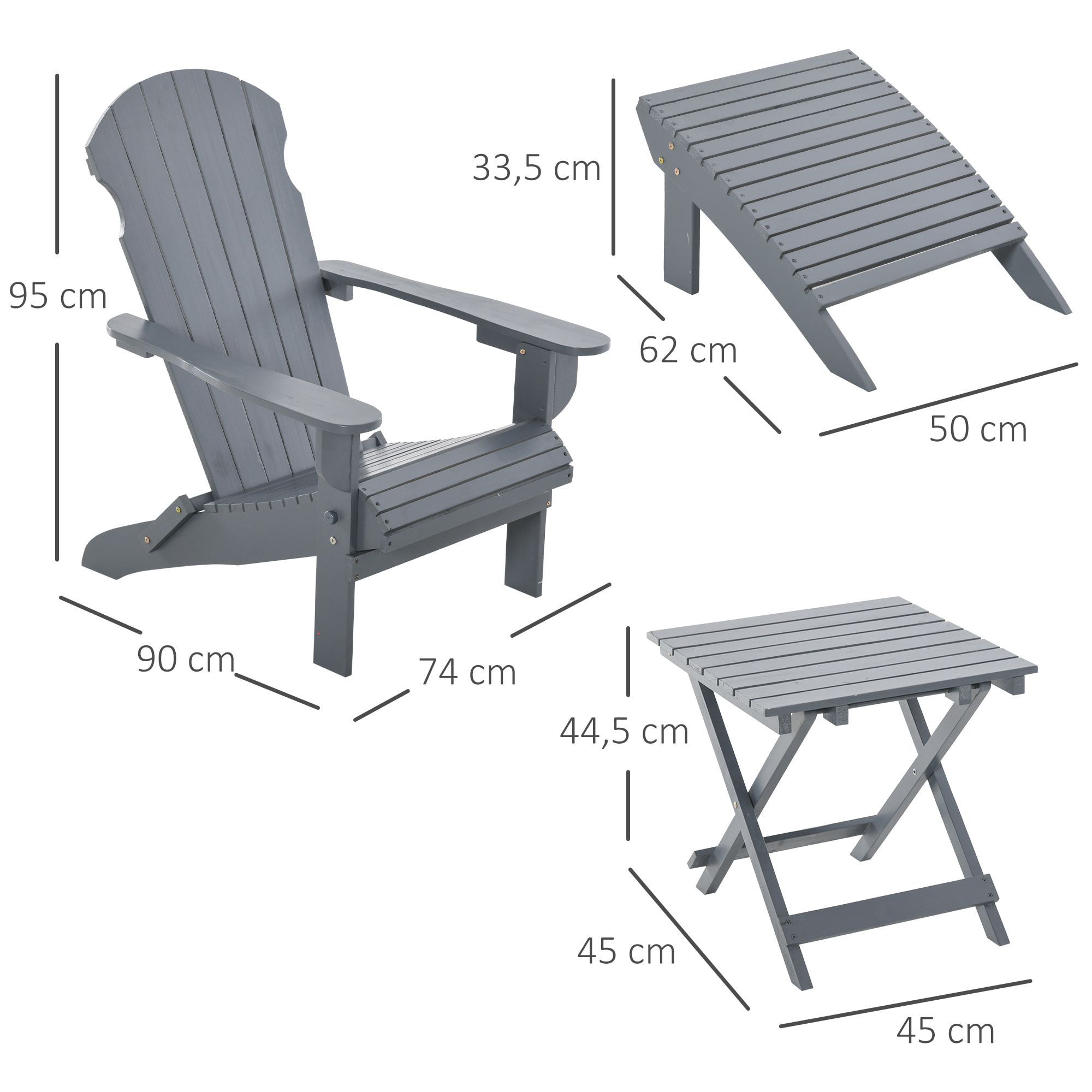 Fauteuil de jardin Adirondack pliable avec repose-pied et table basse bois sapin traité gris