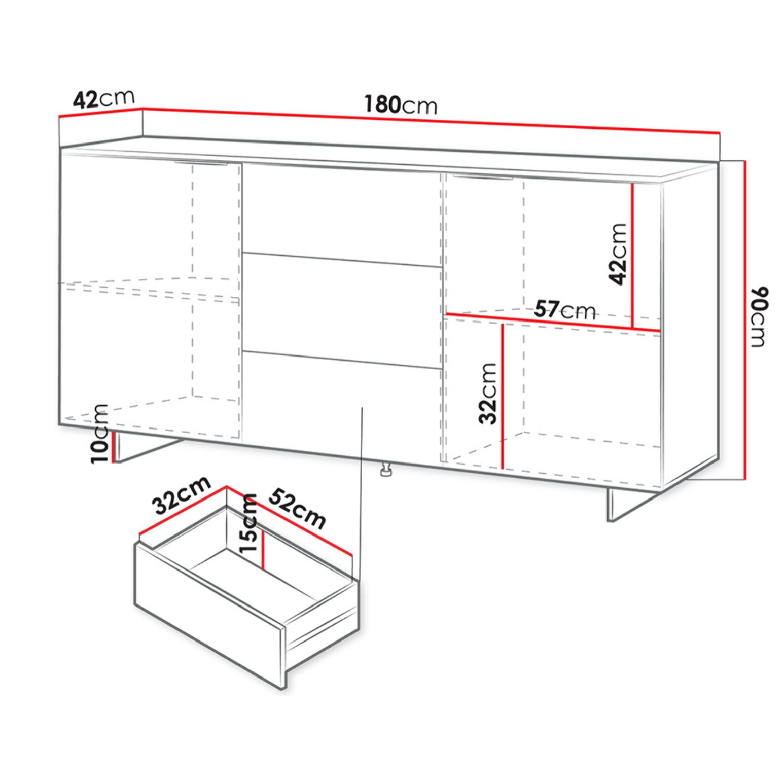 Canterbury - buffet bas - beige - 3 tiroirs et 2 portes - 180 cm - Beige