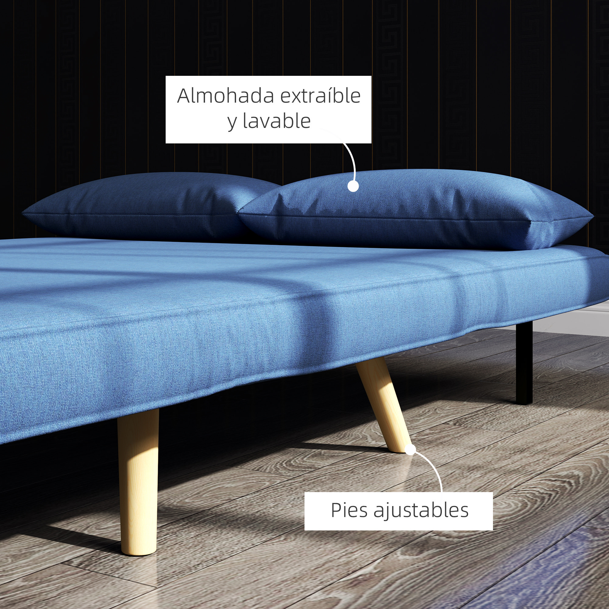 Sofá Cama de 2 Plazas Sofá Cama Plegable Tapizado en Lino con Respaldo Ajustable en 5 Posiciones y 2 Almohadas Sofá Cama Pequeño para Salón 120x75x85 cm Azul Oscuro