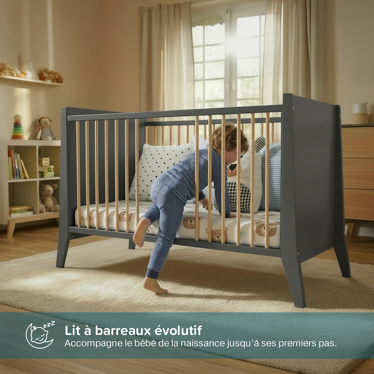 Lit Evolutif Timéo à barreaux 60 x 120 cm, Gris & Bois, En Bois, 3 Hauteurs, Barreaux amovibles