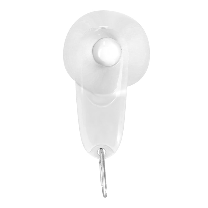Ventilatore portatile con torcia LED integrata e moschettone per il trasporto.