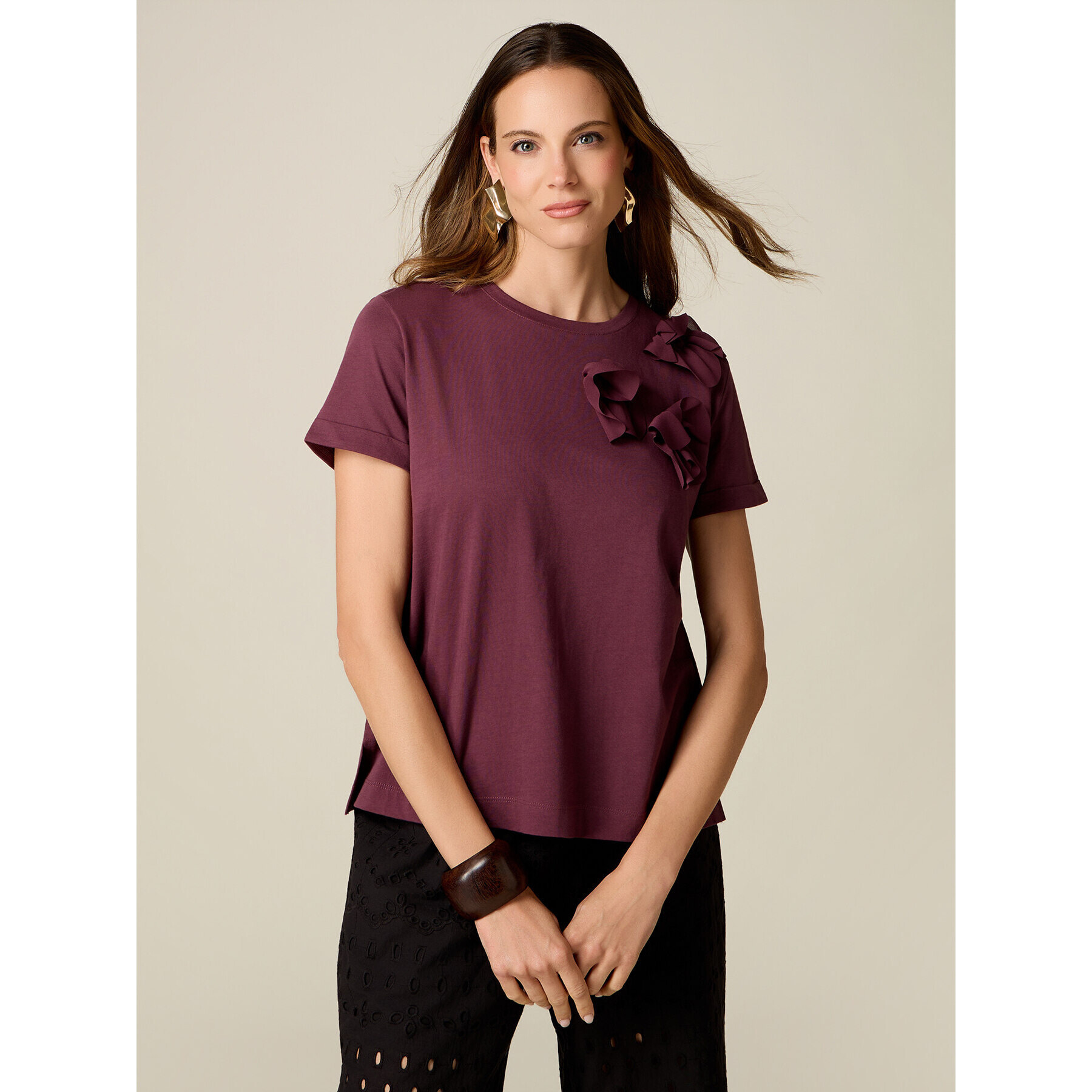 Oltre - T-shirt in cotone con applicazione floreale - Bordeaux