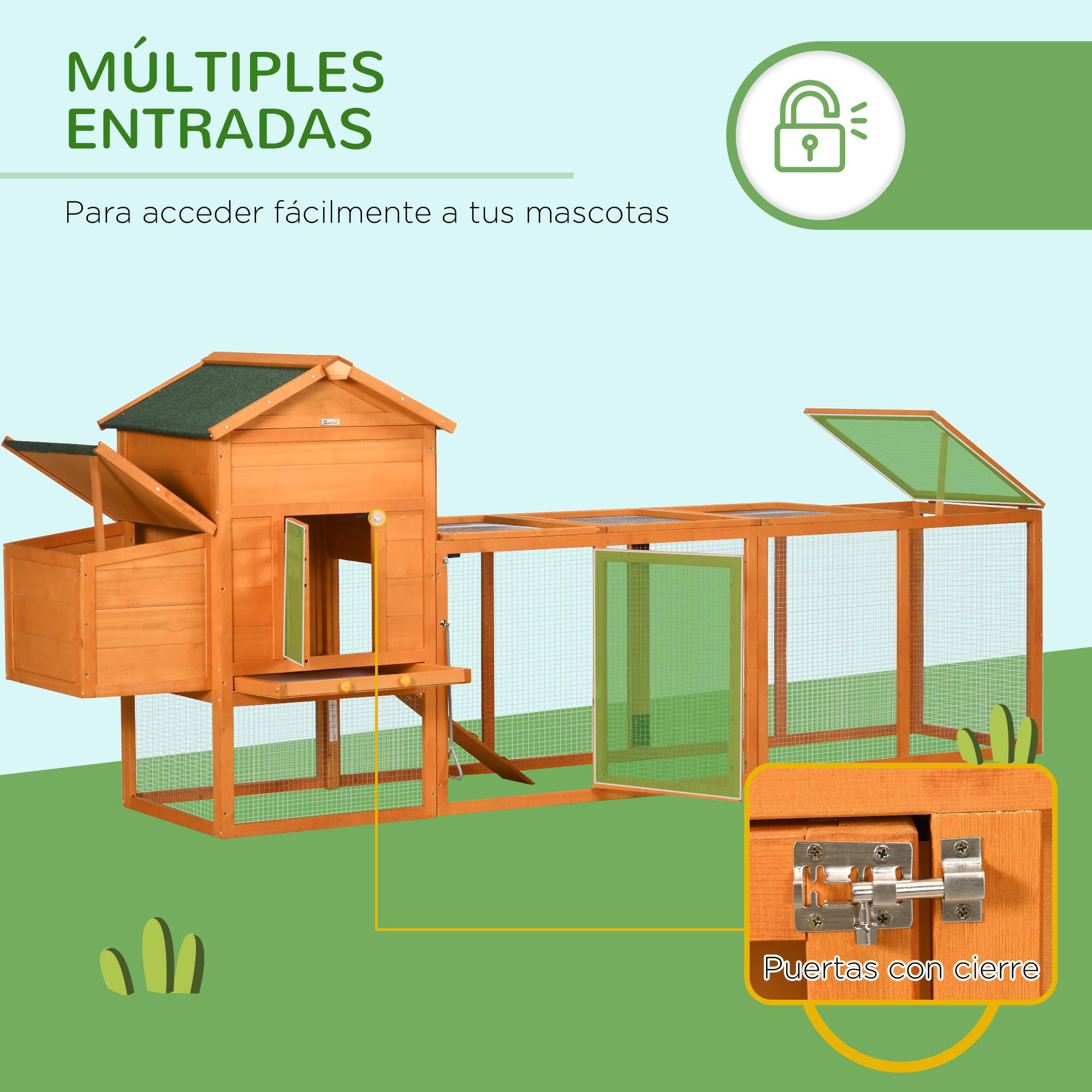 Gallinero Exterior de Madera 297,5x68x118 cm Jaula Grande para 3-6 Gallinas con Techo Asfáltico Corral Metálico Puerta de Pestillo Nido Bandeja Extraíble y Rampa Natural