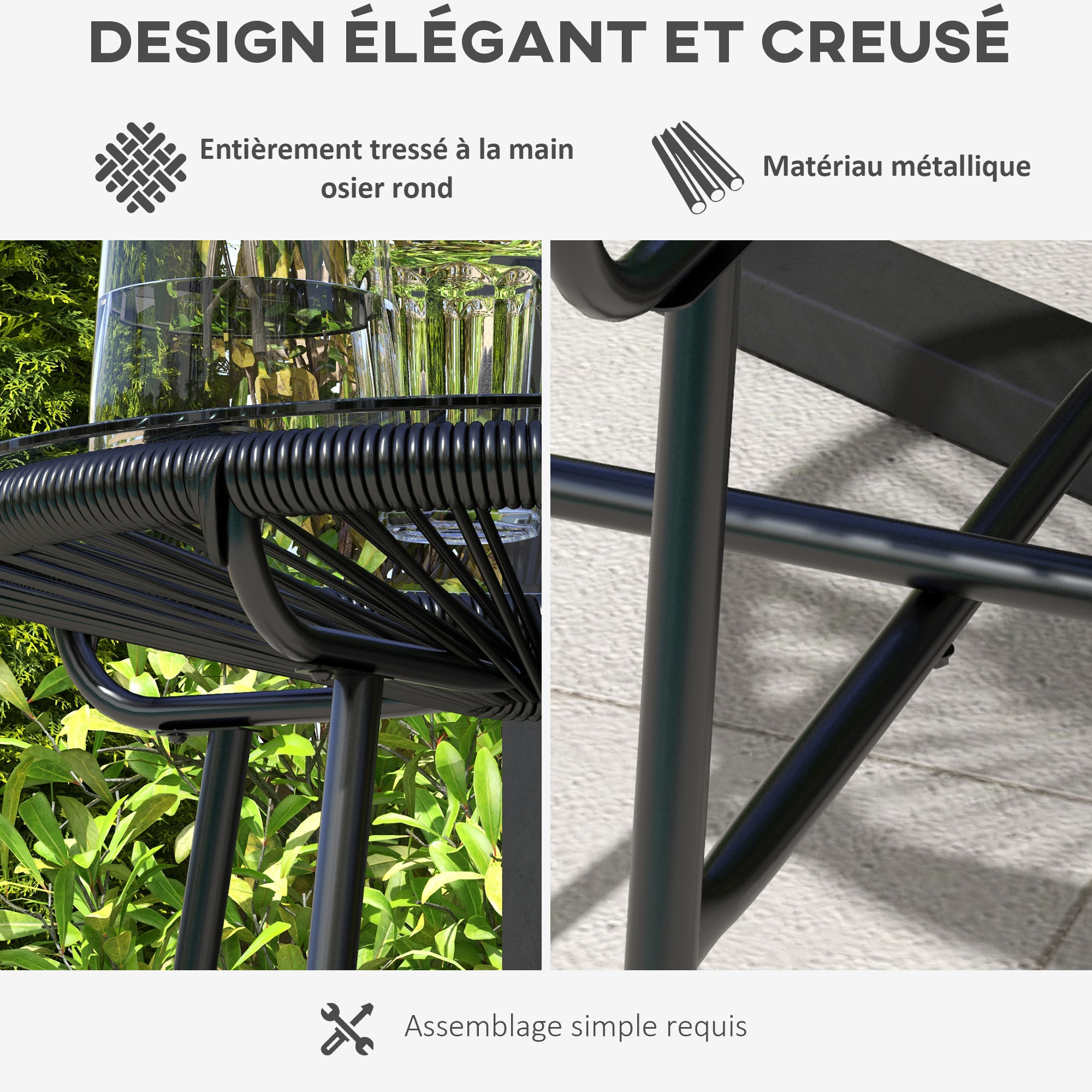 Table basse ronde de jardin en résine aspect rotin métal et plateau verre trempé Ø 50 x 50H cm noir