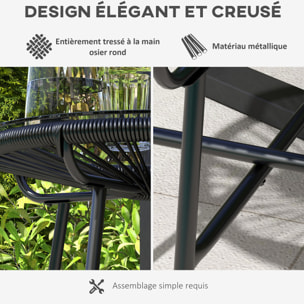 Table basse ronde de jardin en résine aspect rotin métal et plateau verre trempé Ø 50 x 50H cm noir