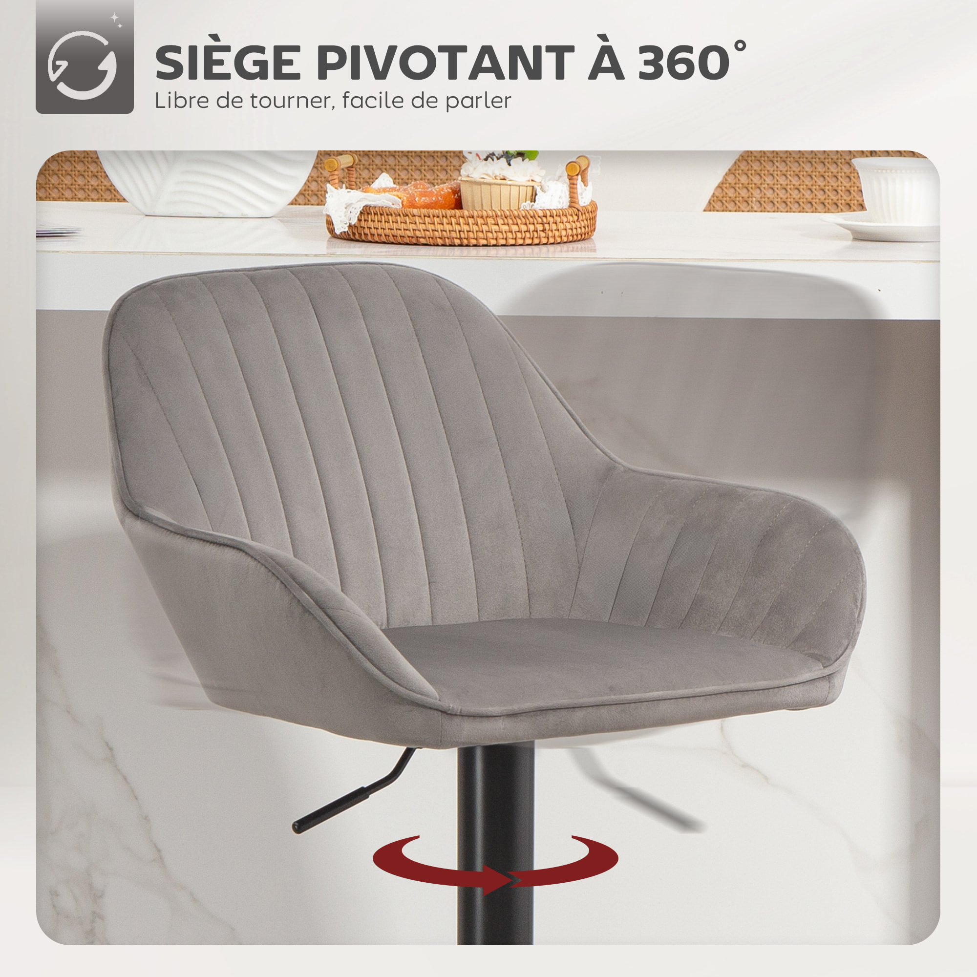 Lot de 2 tabourets de bar design velours pivotant avec repose-pieds acier noir gris