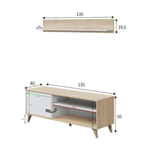 Mobile porta TV Mesa, Credenza per televisione da soggiorno con 1 anta, Supporto TV da salotto, Madia di design, cm 135x40h50, Rovere