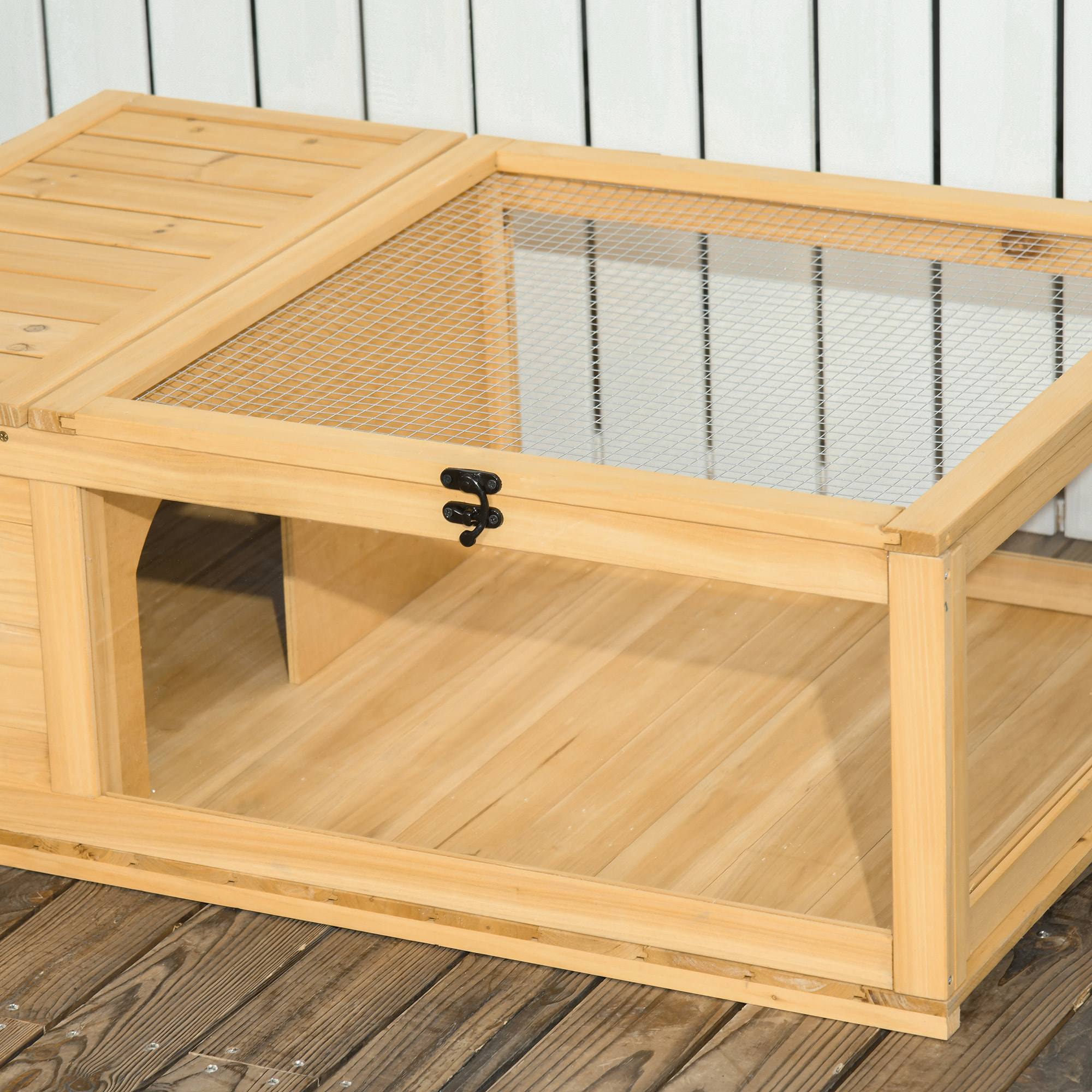 Casa para Tortugas de Madera, Terrario para Reptiles con Techo de Malla, Paneles Laterales Transparentes Extraíbles y Pestillo de Seguridad, Caseta para Tortugas, 91x60,5x32 cm, Natural