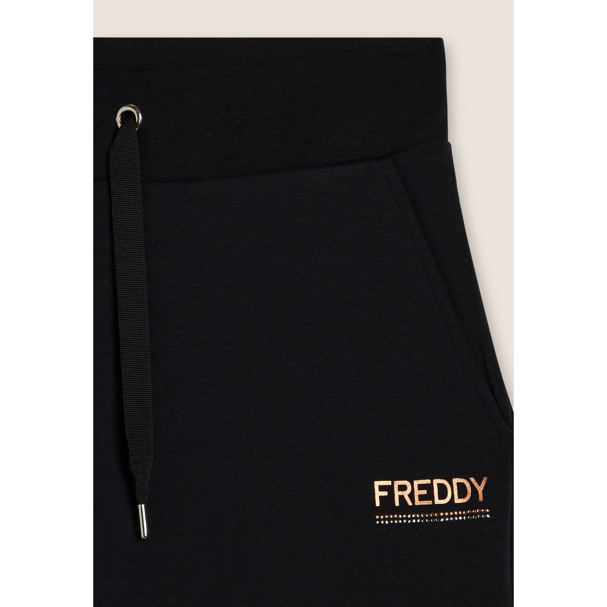 Pantaloni wide leg da donna con logo in strass bicolore