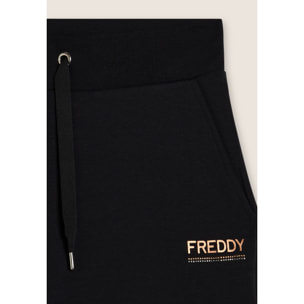 Pantaloni wide leg da donna con logo in strass bicolore