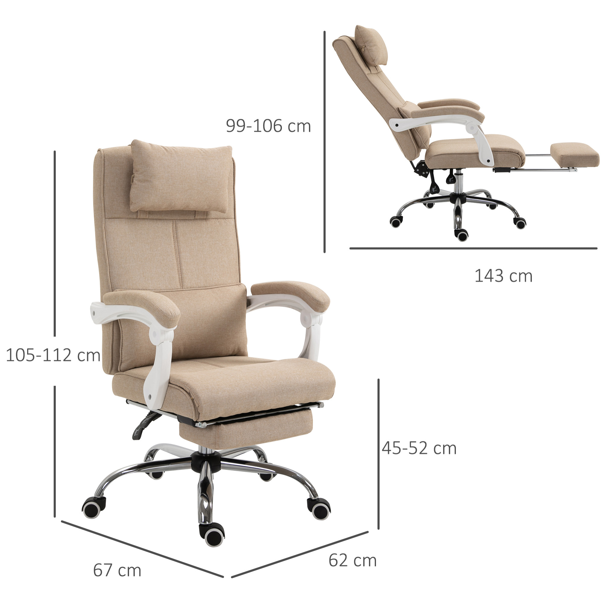 Fauteuil de bureau manager grand confort repose-pied tétière intégrés dossier inclinable lin beige