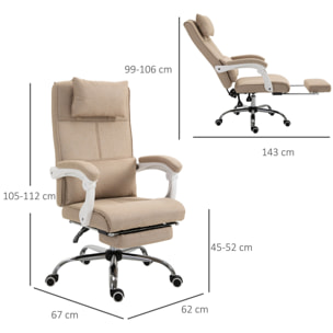 Fauteuil de bureau manager grand confort repose-pied tétière intégrés dossier inclinable lin beige