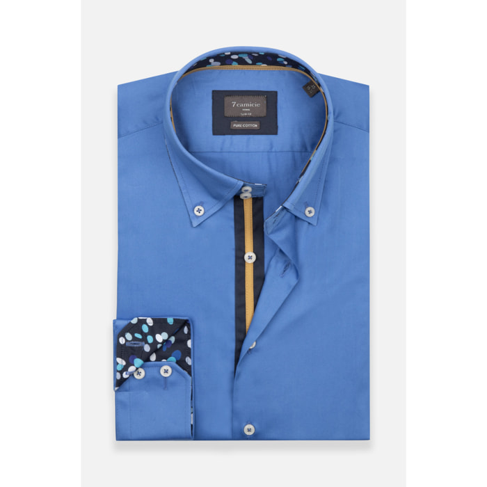 Camicia Uomo 2 Bottoni Button Down Slim Satin Unito Blu avion
