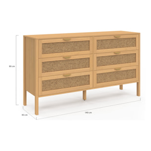 Commode Eve 6 tiroirs en cannage 140cm
