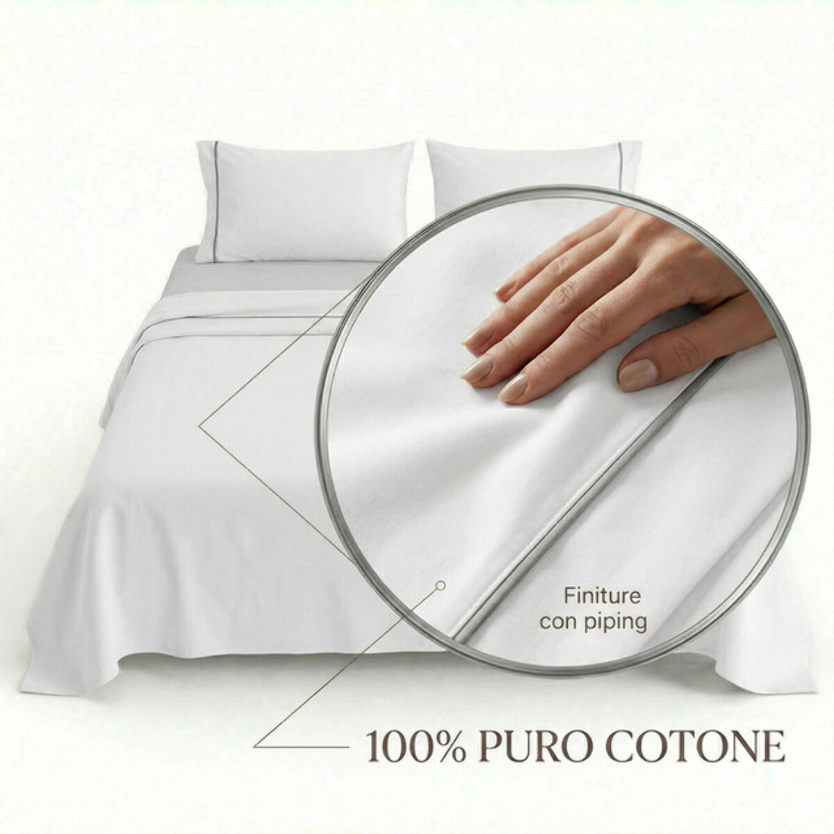 Completo lenzuola matrimoniale in cotone bicolore morbido e traspirante, set letto con lenzuolo sopra, sotto con angoli e 2 federe, design elegante con piping a contrasto, tessuto leggero e resistente 116 gsm, certificato OEKO-TEX, comfort quotidiano