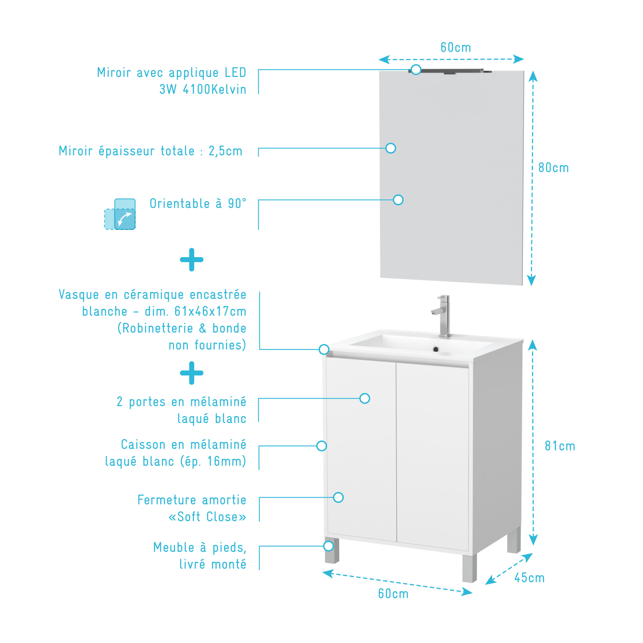 Pack Meuble Salle de Bains 60 cm Blanc 2 Portes, Vasque, Miroir 60x80 et Réglette Led - XENOS