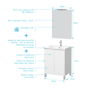 Pack Meuble Salle de Bains 60 cm Blanc 2 Portes, Vasque, Miroir 60x80 et Réglette Led - XENOS