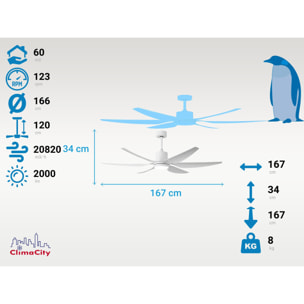 Ventilateur de plafond ø167 cm avec LED et Wifi Réversible Hypersilence