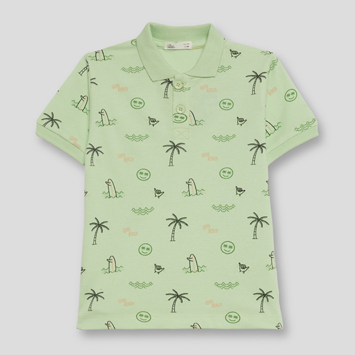 Polo Niño Manga Corta Estampado Surf y Palmeras Tejido Punto Suave, Cuello Polo con Dos Botones, Transpirable y Cuidado Fácil, para Verano | Color: Caribe | Street Monkey