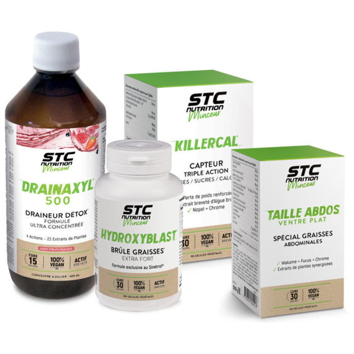 STC NUTRITION - Pack Contrôle du poids - Complément alimentaire - Drainaxyl® 500 Fruits Rouges + Hydroxyblast® + Killercal + Taille Abdos Ventre Plat + - Elimination & Drainage - Brûle graisses extra-fort