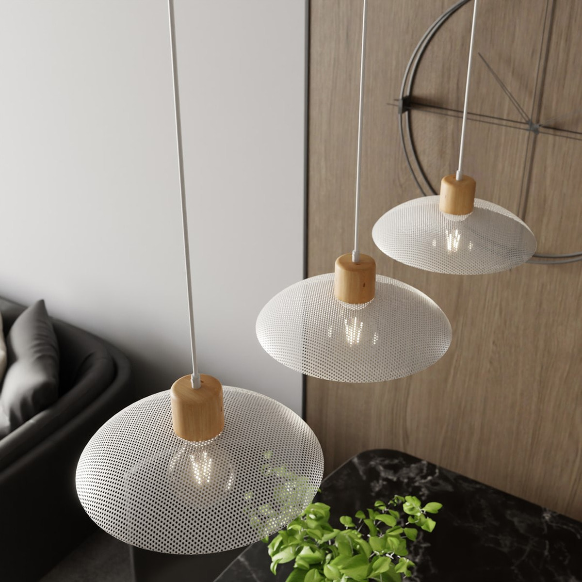 Lampada a sospensione KOBE 3 in acciaio bianco opaco e legno