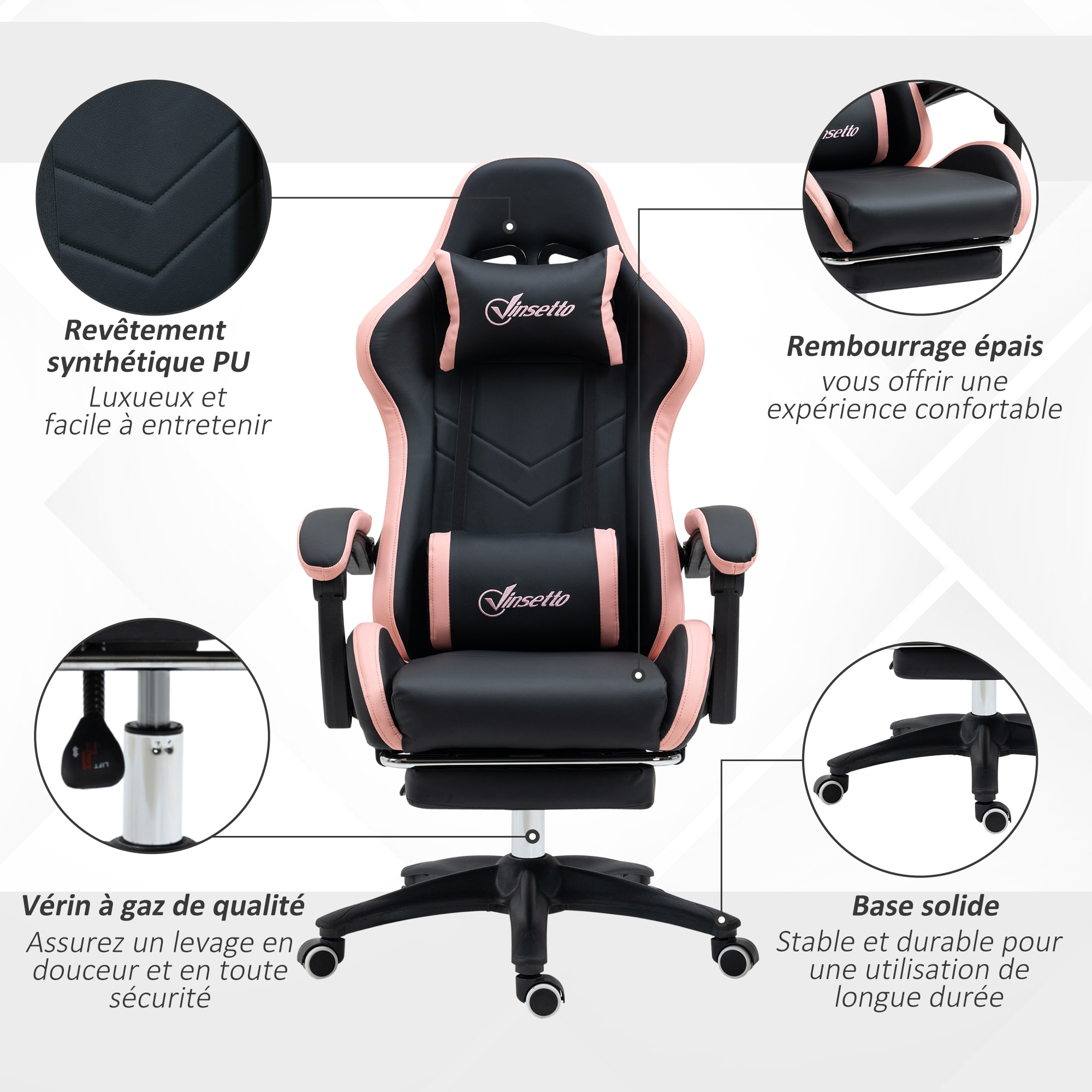 Chaise gaming - chaise de bureau gamer inclinable réglable repose-pieds rétractable coussins synthétique noir rose