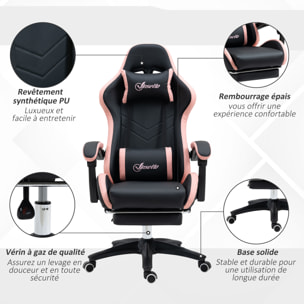 Chaise gaming - chaise de bureau gamer inclinable réglable repose-pieds rétractable coussins synthétique noir rose