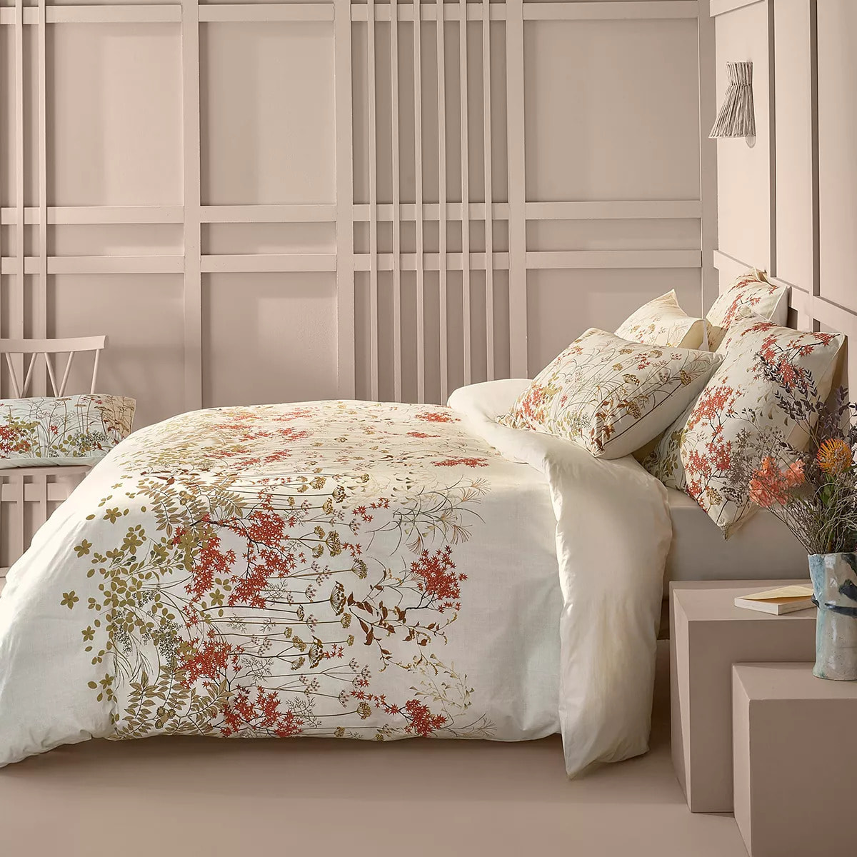 Lot h.couette +taies percale de coton imprimé beige orange Erables automne