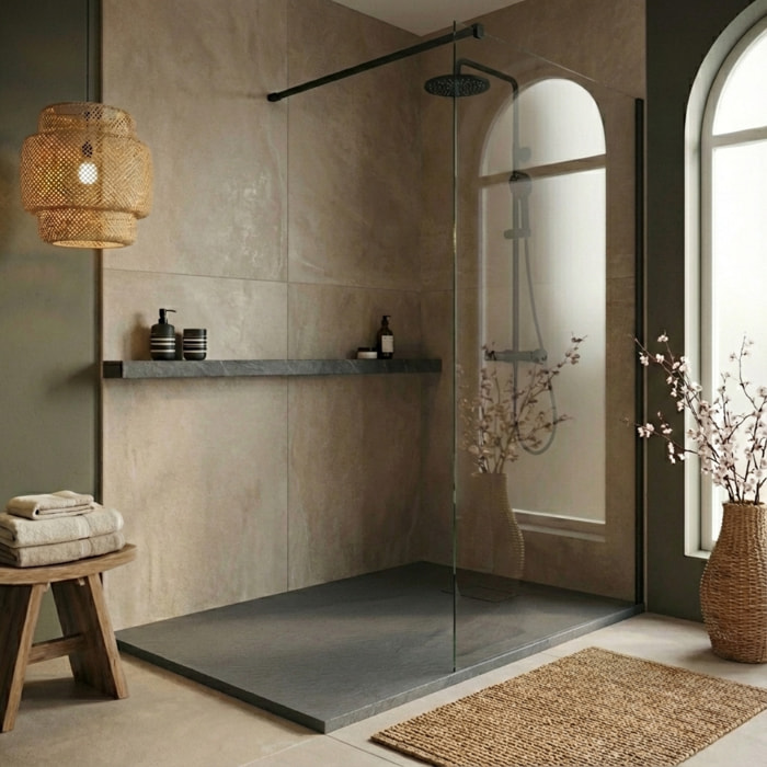 Essential 140x90 cm receveur de douche rectangulaire à poser SMC avec surface effet pierre, gris (CERAES14090DG)