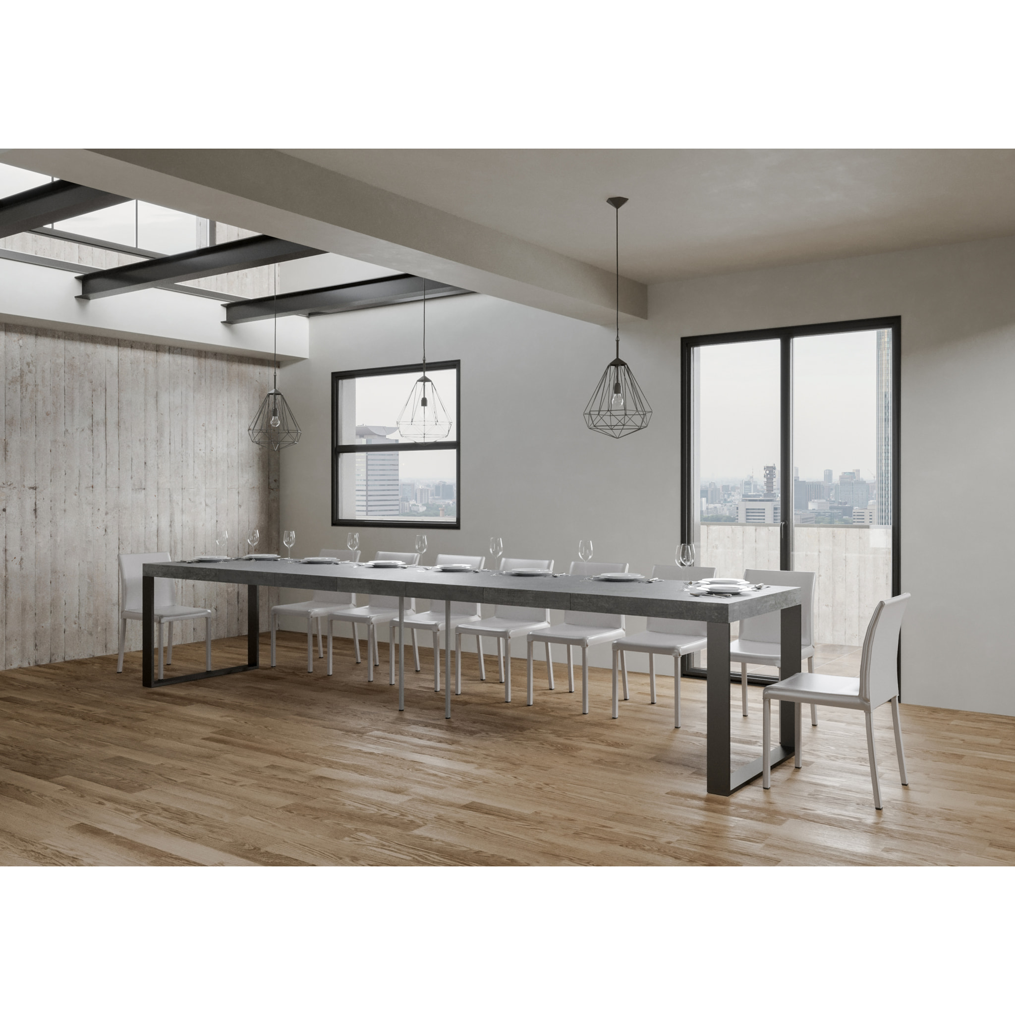 Table extensible 90x130/390 cm Tecno Premium Gris Béton cadre Anthracite