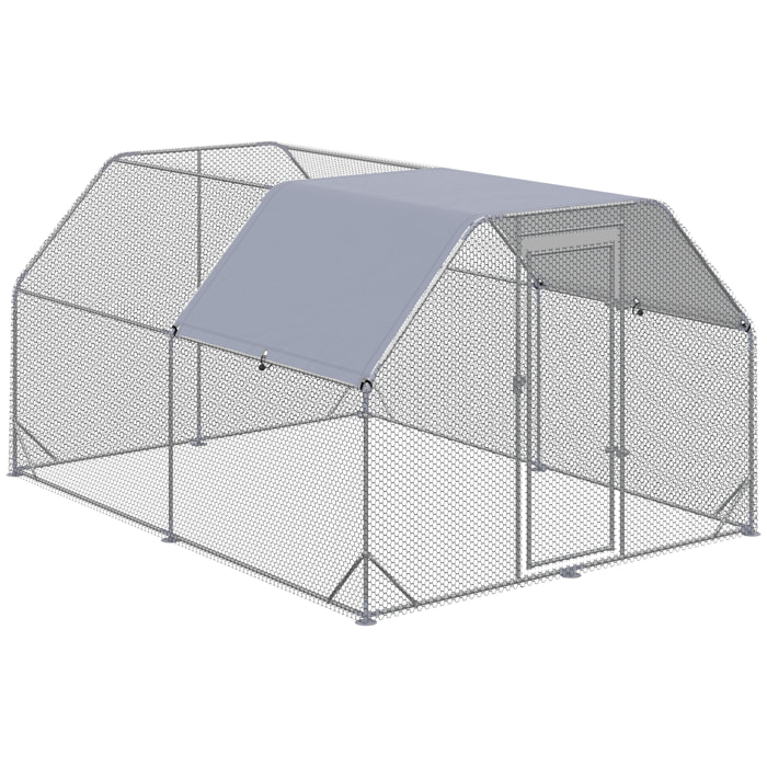 Gallinero para Exterior Grande, 2,8x3,8x1,95 m, Gallinero de Acero Galvanizado con 2 Habitaciones, Cubierta de Tela Oxford, Anti-UV e Impermeable, Jaula para 10-12 Gallinas y Conejos, Plata