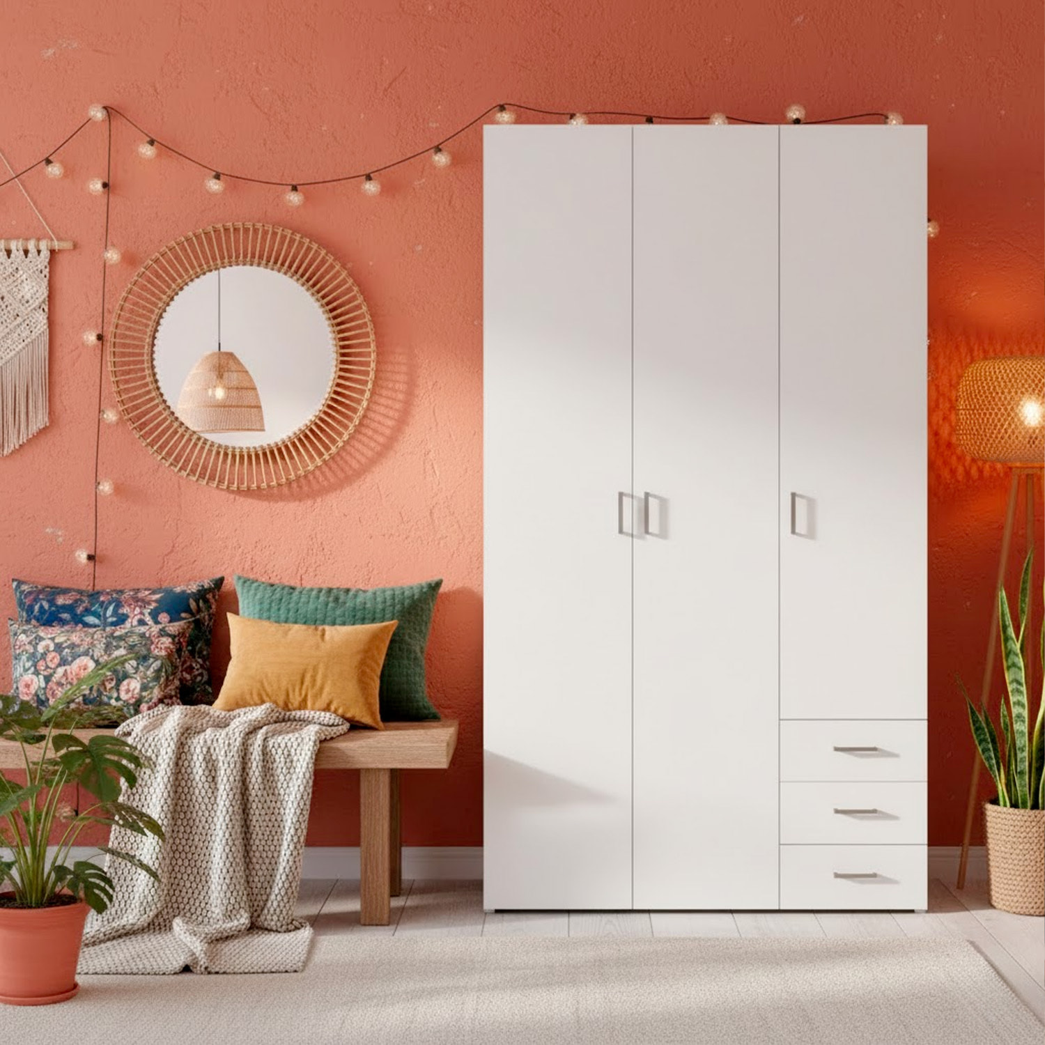 Armadio Con 3 Ante E 3 Cassetti Multiuso Per Abiti Indumenti Design Moderno Capiente Vano Appendiabiti Ripiani Interni 115.8 x 49.5 x 200.4 Cm Bianco